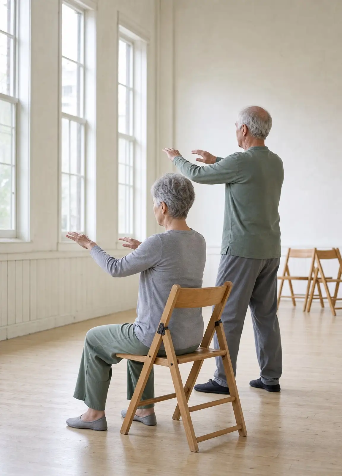 Two older adults practising the same tai chi movement in a bright hall, one seated on a chair and one standing behind